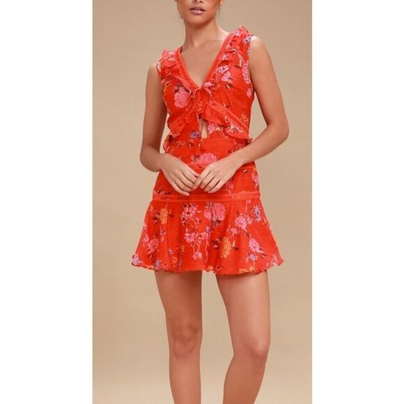 Finders Keepers Flicker Coral Red Floral Print Mini Dress Sz. M - Picture 2 of 8